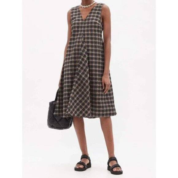 GANNI Seersucker Plaid Check Dress Black Brown Quiet Luxury Classic Sz 38 M B30 - Picture 1 of 13